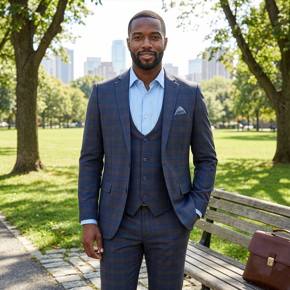 New 2026 Mens 3pc Windowpane Blue Suit Set, Hybrid Fit (H2)